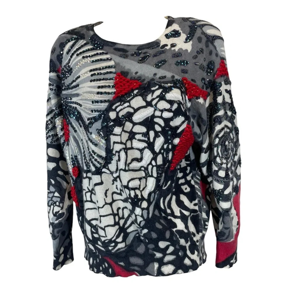 Rio Ricardo Lambswool Angora beaded floral sweater women’s medium made in Italy